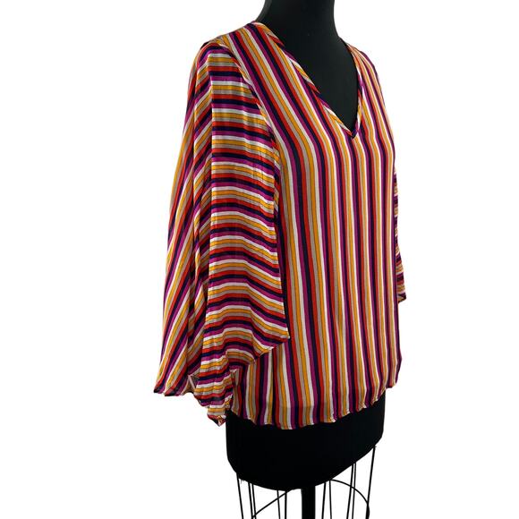 TRINA TURK Los Angeles Blouse Multi Stripe Printed Rayon Rib V-Neck Size S Small - Picture 1 of 9